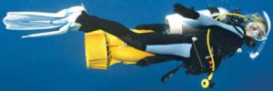 Diver using underwater scooter