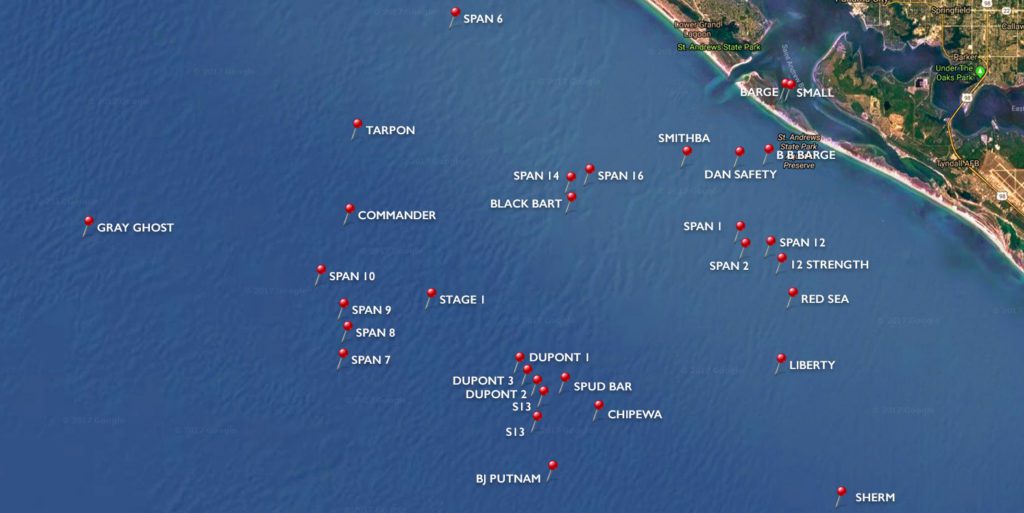 Panama City Beach Scuba Diving Sites Map