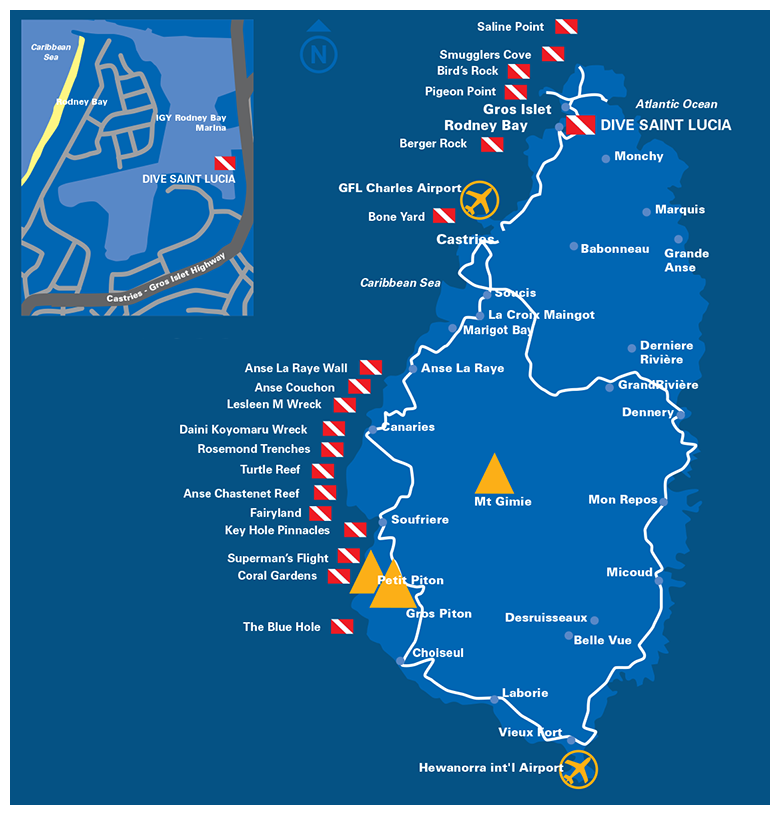 St Lucia Dive Sites Map