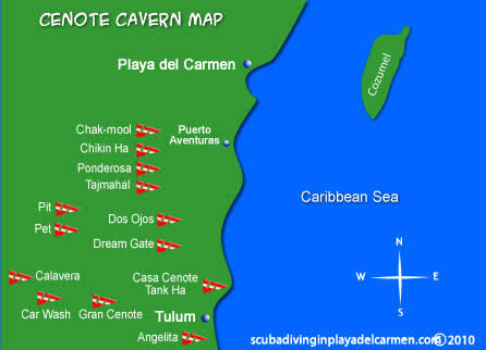 Yucatan Cenotes Scuba Diving Location Map