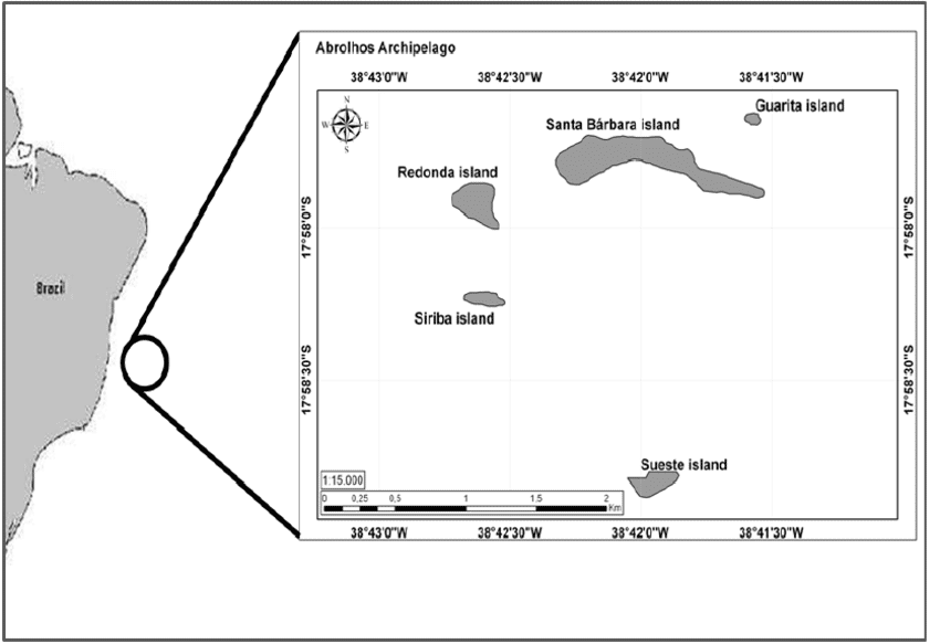 Map of the five islands that form part of the Abrolhos Archipelago, located approximately 70 km off the Brazilian coast, Atlantic Ocean. 